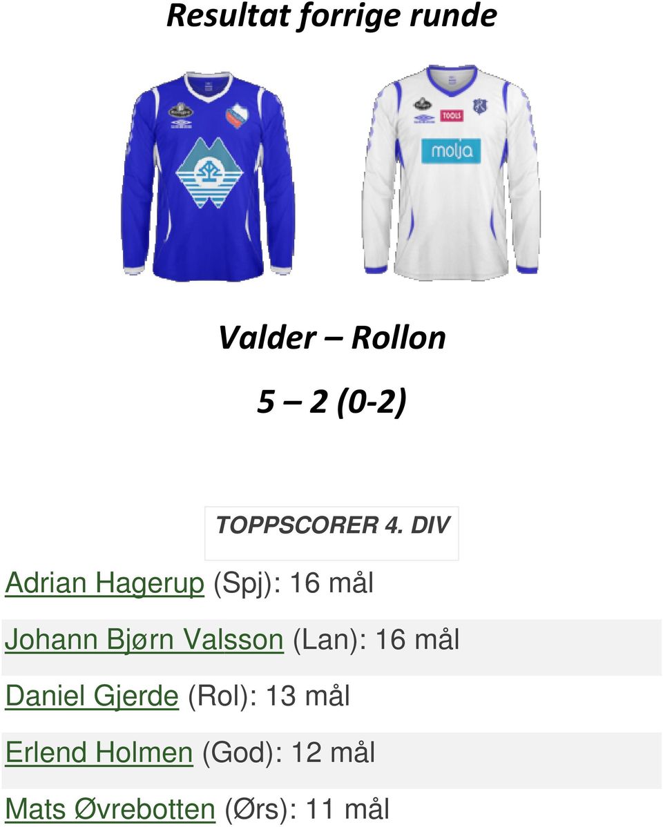 DIV Adrian Hagerup (Spj): 16 mål Johann Bjørn Valsson