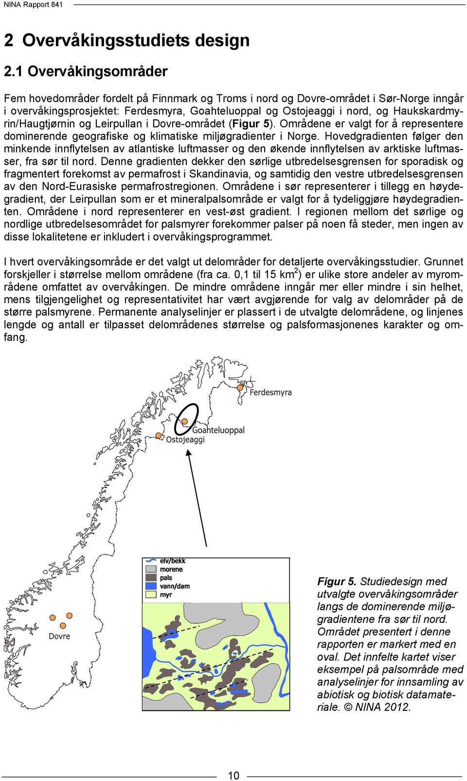 Haukskardmyrin/Haugtjørnin og Leirpullan i Dovre-området (Figur 5). Områdene er valgt for å representere dominerende geografiske og klimatiske miljøgradienter i Norge.