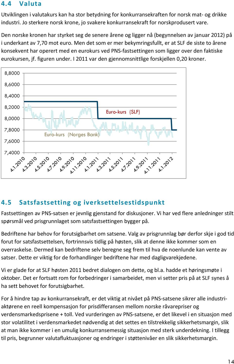 Men det som er mer bekymringsfullt, er at SLF de siste to årene konsekvent har operert med en eurokurs ved PNS fastsettingen som ligger over den faktiske eurokursen, jf. figuren under.