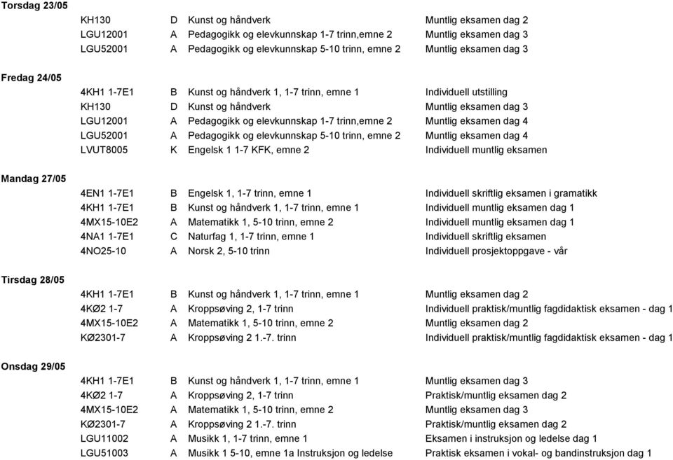 trinn,emne 2 Muntlig eksamen dag 4 LGU52001 A Pedagogikk og elevkunnskap 5-10 trinn, emne 2 Muntlig eksamen dag 4 LVUT8005 K Engelsk 1 1-7 KFK, emne 2 Individuell muntlig eksamen Mandag 27/05 4EN1