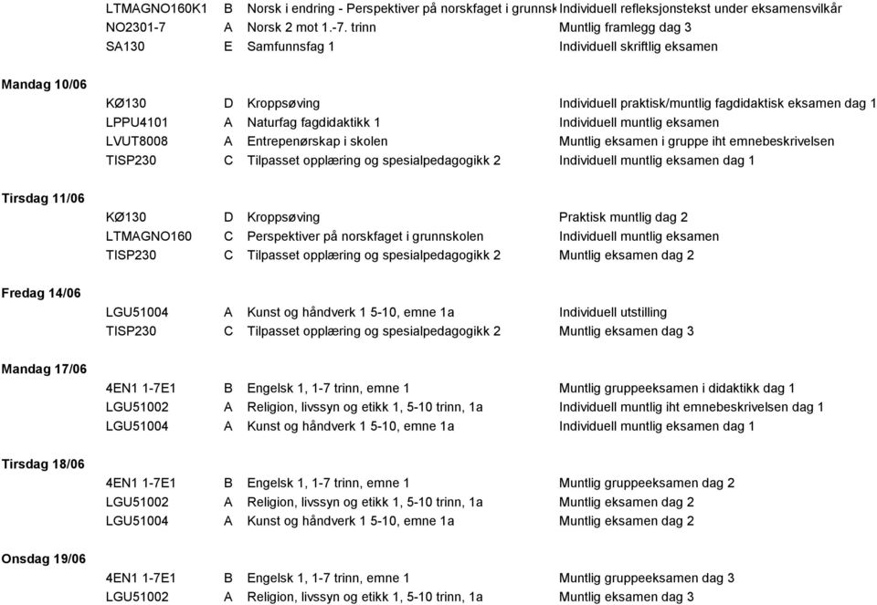 trinn Muntlig framlegg dag 3 SA130 E Samfunnsfag 1 Individuell skriftlig eksamen Mandag 10/06 KØ130 D Kroppsøving Individuell praktisk/muntlig fagdidaktisk eksamen dag 1 LPPU4101 A Naturfag