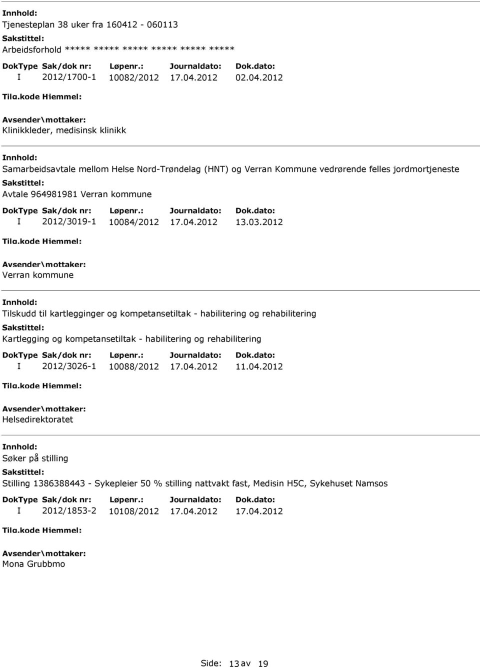 2012 Klinikkleder, medisinsk klinikk Samarbeidsavtale mellom Helse Nord-Trøndelag (HNT) og Verran Kommune vedrørende felles jordmortjeneste Avtale 964981981
