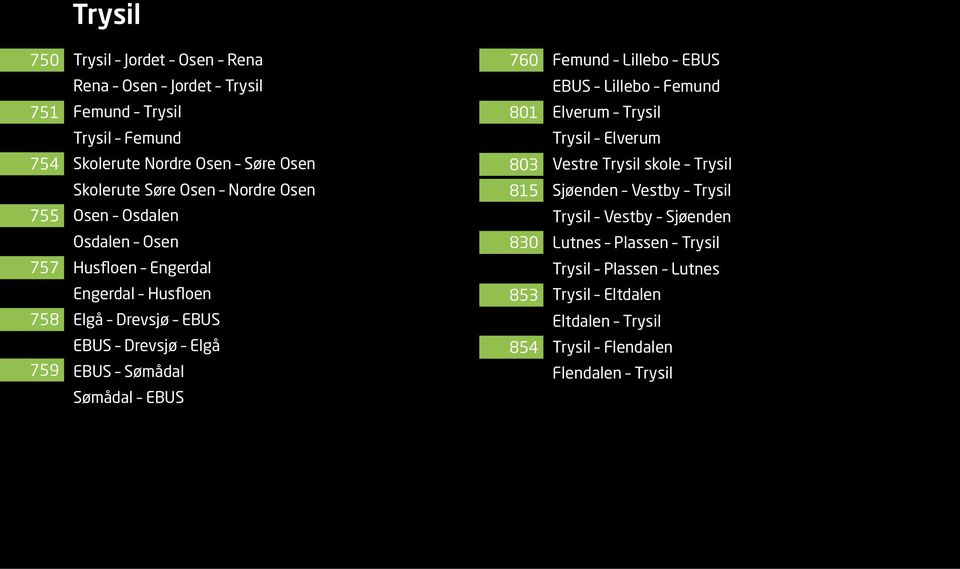 Sømådal EBUS 760 801 803 815 830 853 854 Femund Lillebo EBUS EBUS Lillebo Femund Elverum Trysil Trysil Elverum Vestre Trysil skole Trysil