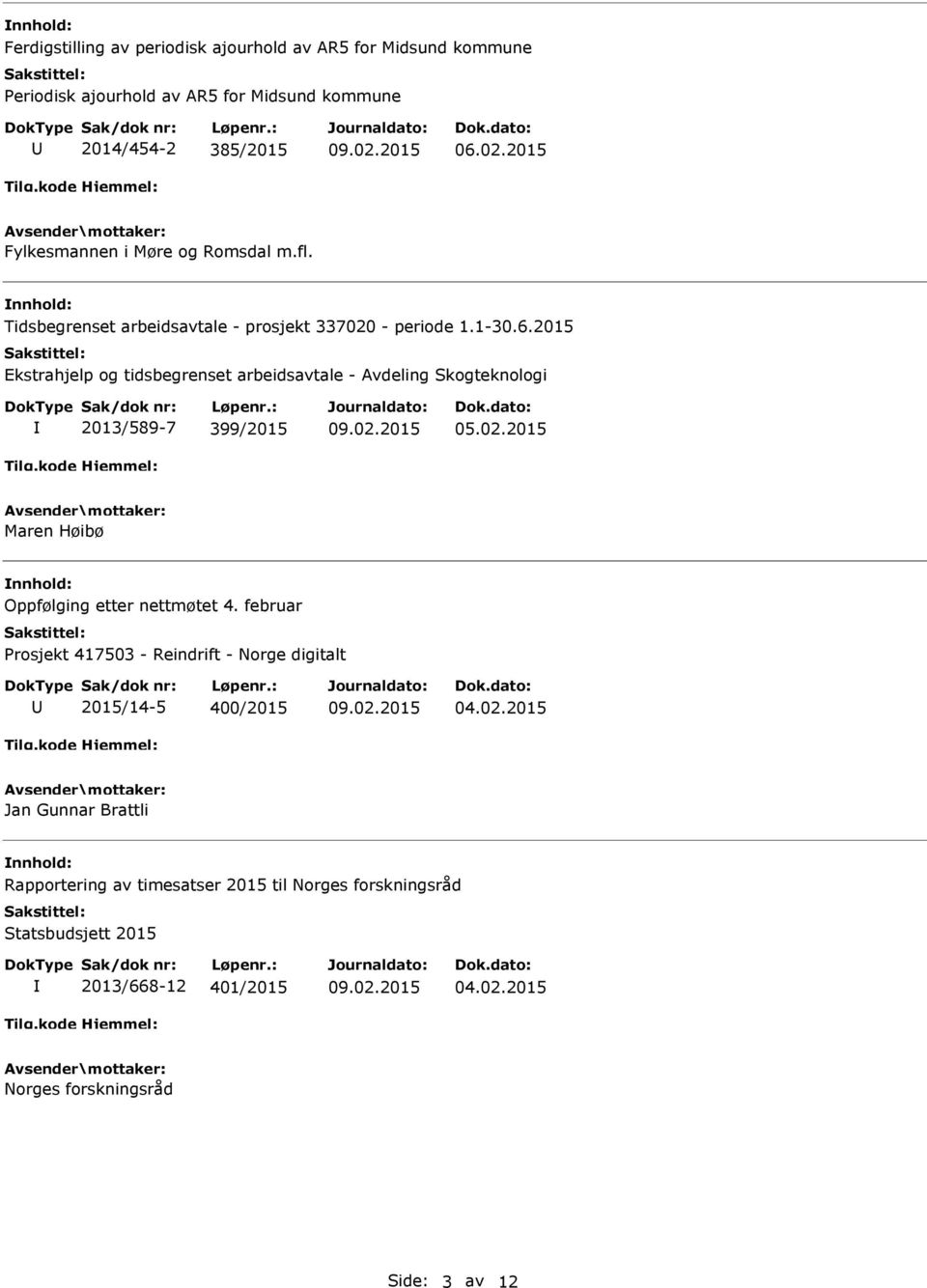 2015 Ekstrahjelp og tidsbegrenset arbeidsavtale - vdeling Skogteknologi 2013/589-7 399/2015 05.02.2015 Maren Høibø Oppfølging etter nettmøtet 4.