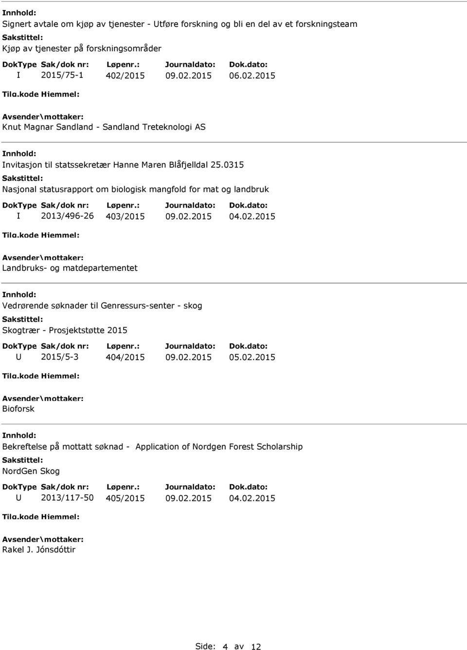 0315 Nasjonal statusrapport om biologisk mangfold for mat og landbruk 2013/496-26 403/2015 04.02.