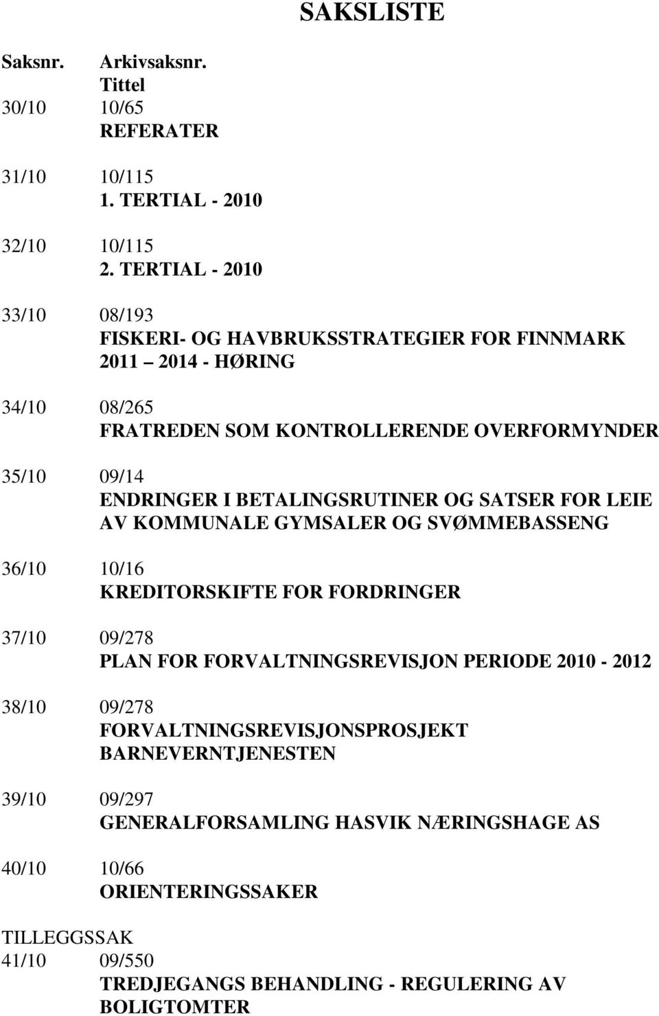 I BETALINGSRUTINER OG SATSER FOR LEIE AV KOMMUNALE GYMSALER OG SVØMMEBASSENG 36/10 10/16 KREDITORSKIFTE FOR FORDRINGER 37/10 09/278 PLAN FOR FORVALTNINGSREVISJON