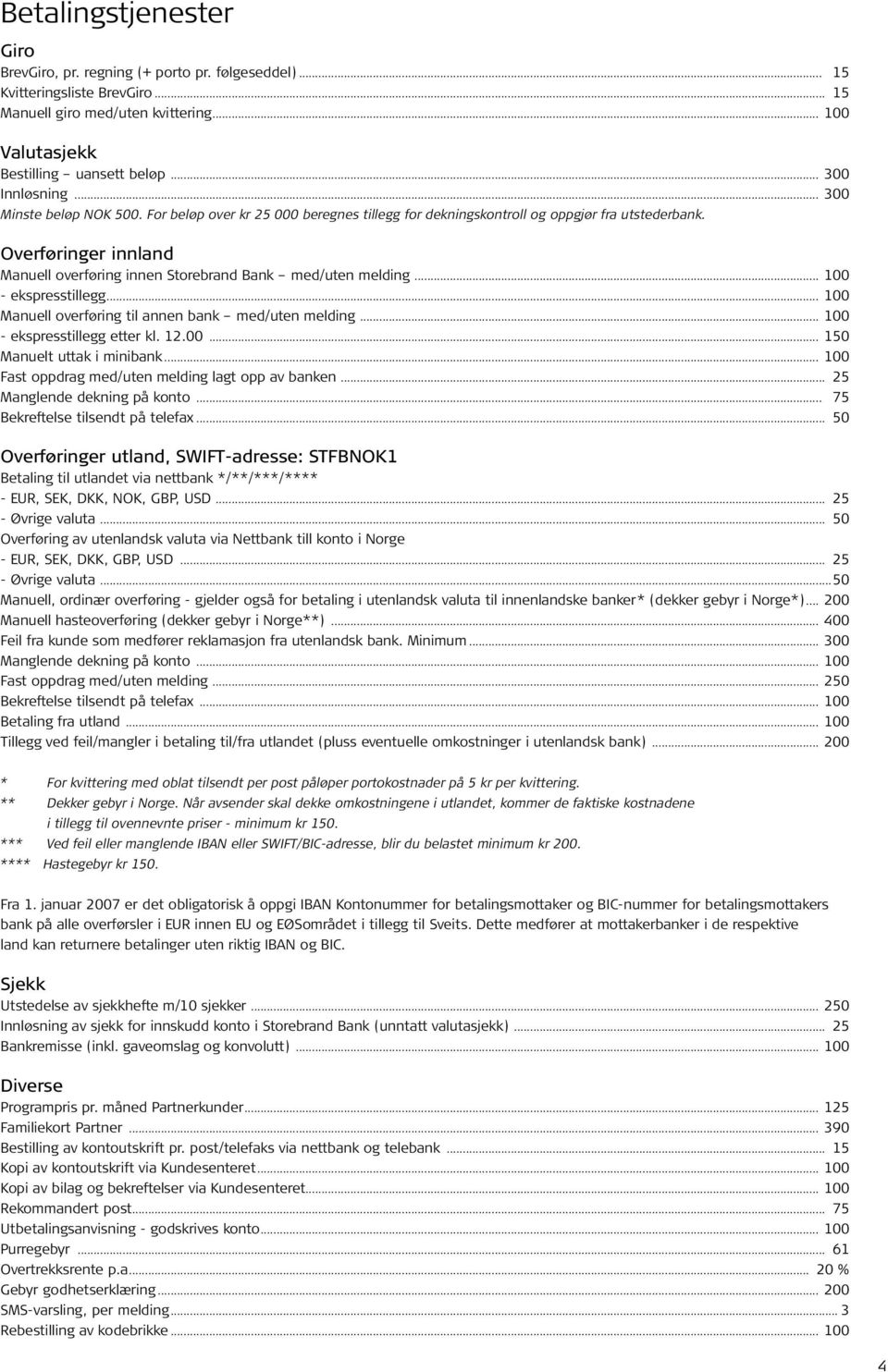 Overføringer innland Manuell overføring innen Storebrand Bank med/uten melding... 100 - ekspresstillegg... 100 Manuell overføring til annen bank med/uten melding... 100 - ekspresstillegg etter kl. 12.