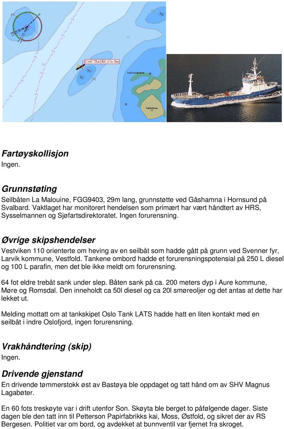 Øvrige skipshendelser Vestviken 110 orienterte om heving av en seilbåt som hadde gått på grunn ved Svenner fyr, Larvik kommune, Vestfold.