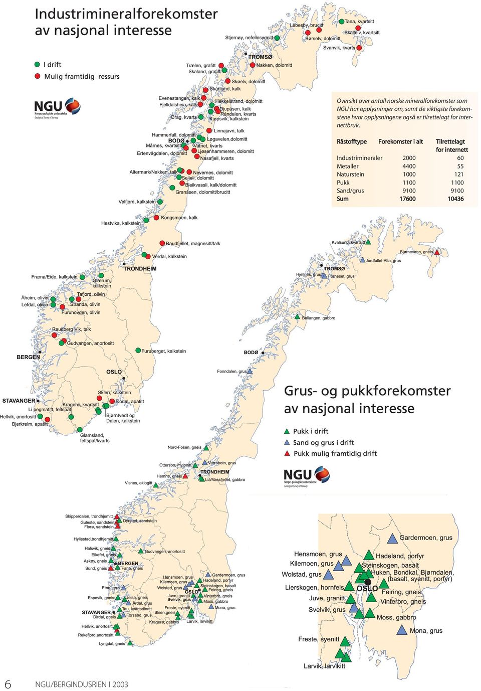 Råstofftype Forekomster i alt Tilrettelagt for internett Industrimineraler 2000 60