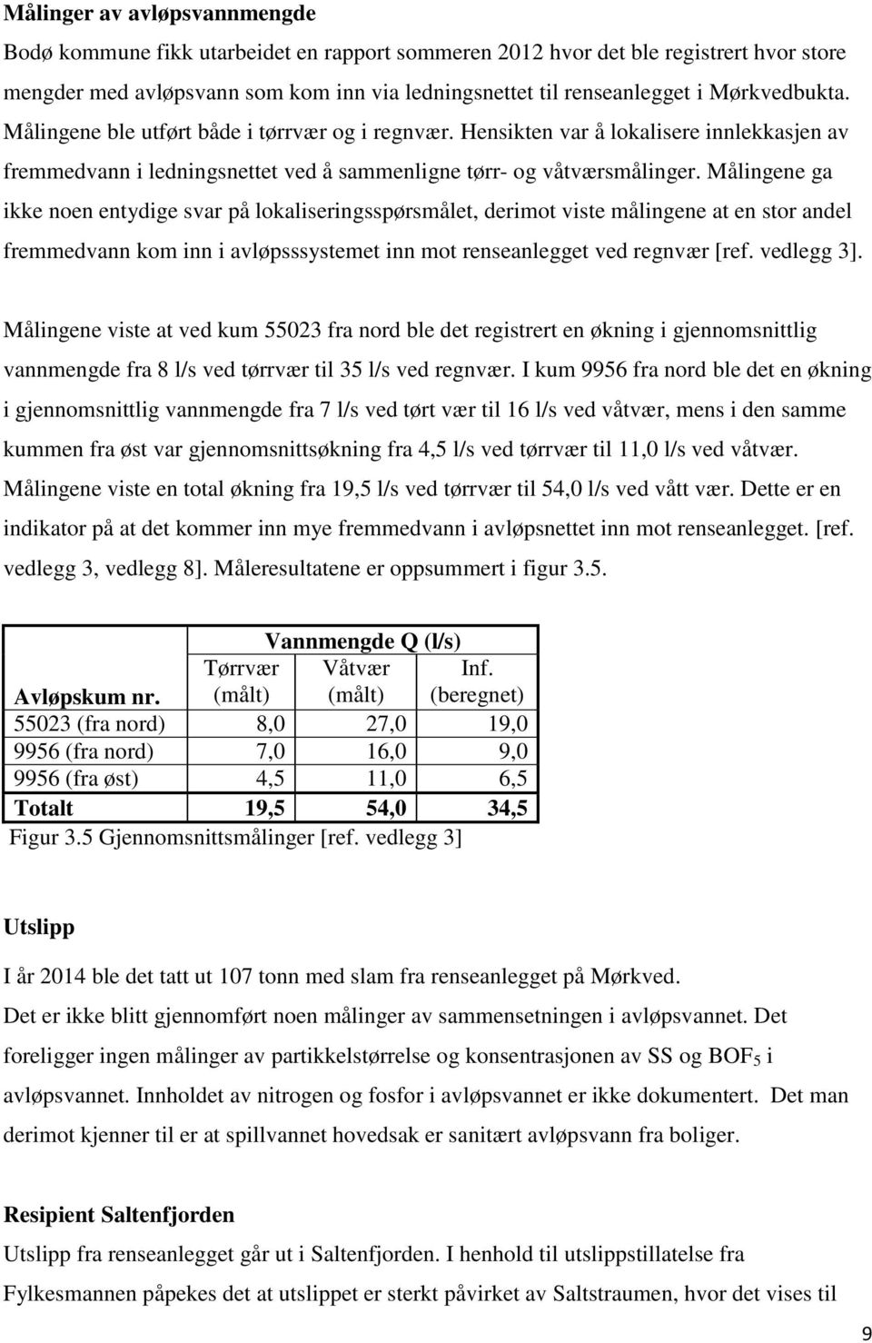 Målingene ga ikke noen entydige svar på lokaliseringsspørsmålet, derimot viste målingene at en stor andel fremmedvann kom inn i avløpsssystemet inn mot renseanlegget ved regnvær [ref. vedlegg 3].