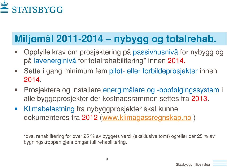 Sette i gang minimum fem pilot- eller forbildeprosjekter innen 2014.