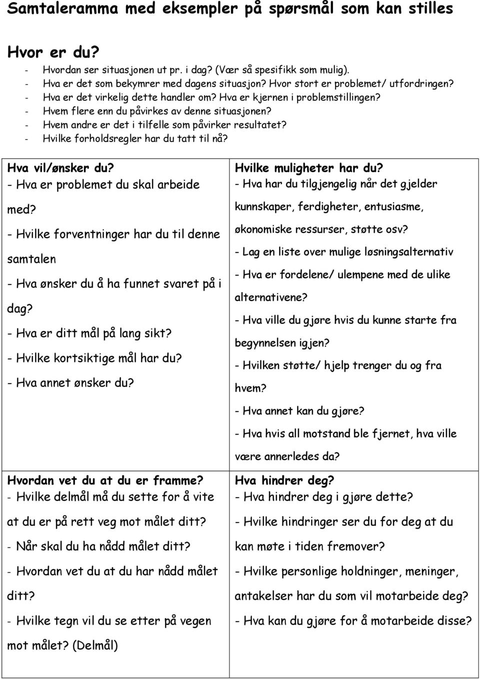 - Hvem andre er det i tilfelle som påvirker resultatet? - Hvilke forholdsregler har du tatt til nå? Hva vil/ønsker du? - Hva er problemet du skal arbeide med?