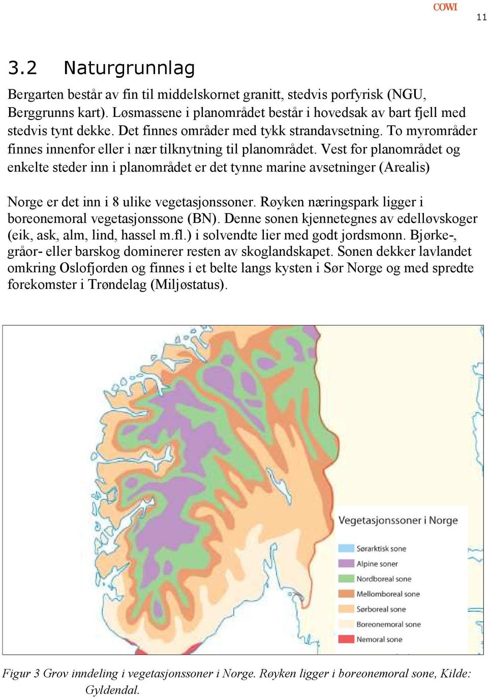 Vest for planområdet og enkelte steder inn i planområdet er det tynne marine avsetninger (Arealis) Norge er det inn i 8 ulike vegetasjonssoner.
