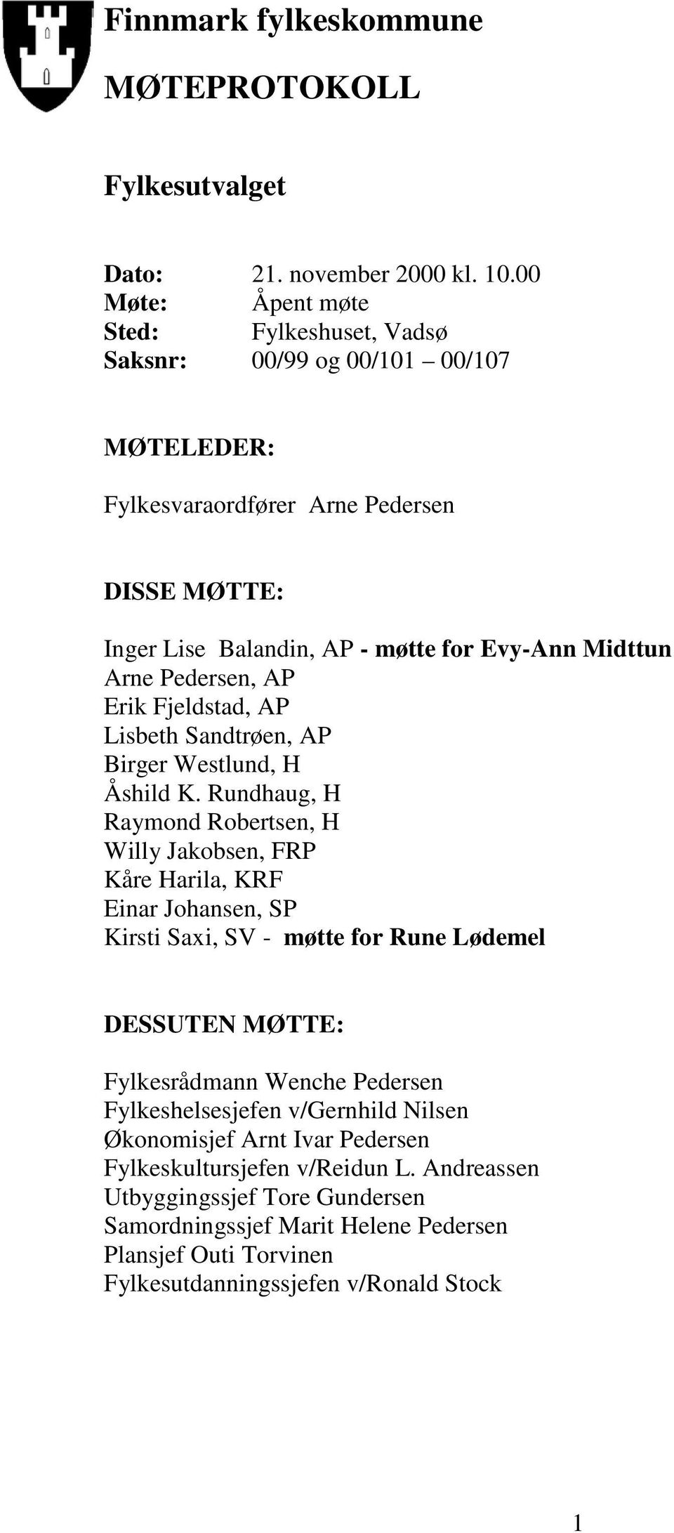 Pedersen, AP Erik Fjeldstad, AP Lisbeth Sandtrøen, AP Birger Westlund, H Åshild K.