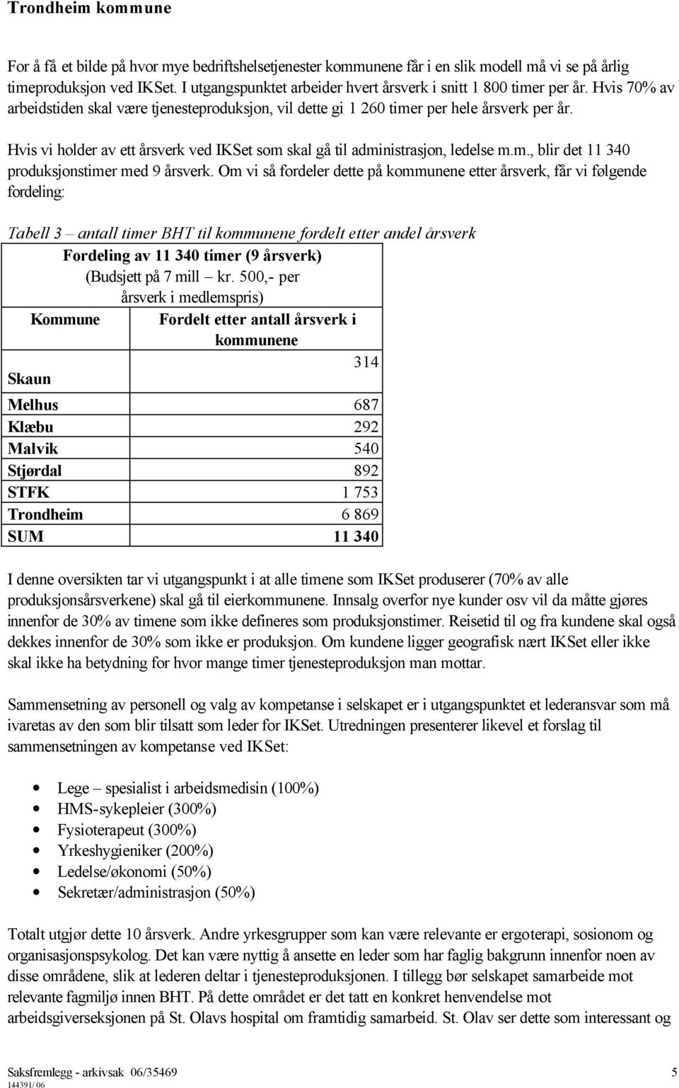 Om vi så fordeler dette på kommunene etter årsverk, får vi følgende fordeling: Tabell 3 antall timer BHT til kommunene fordelt etter andel årsverk Fordeling av 11 340 timer (9 årsverk) (Budsjett på 7