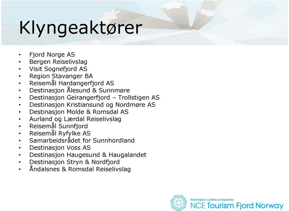 Destinasjon Molde & Romsdal AS Aurland og Lærdal Reiselivslag Reisemål Sunnfjord Reisemål Ryfylke AS Samarbeidsrådet for