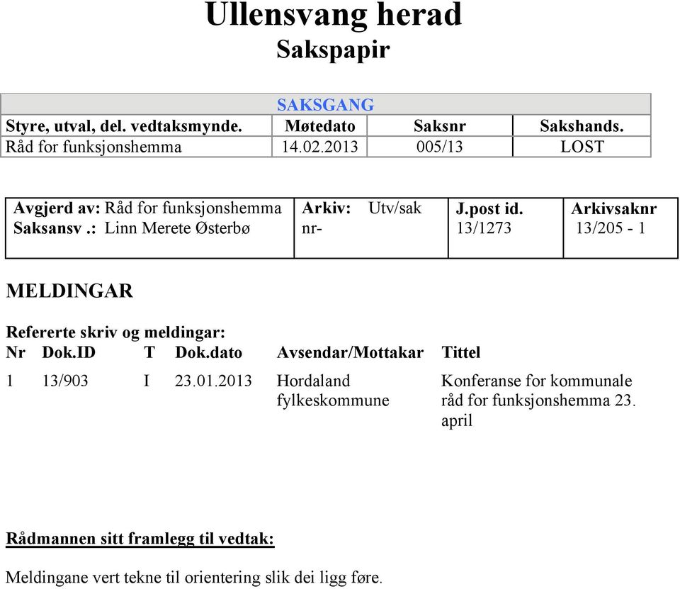 13/1273 Arkivsaknr 13/205-1 MELDINGAR Refererte skriv og meldingar: Nr Dok.ID T Dok.dato Avsendar/Mottakar Tittel 1 13/903 I 23.01.