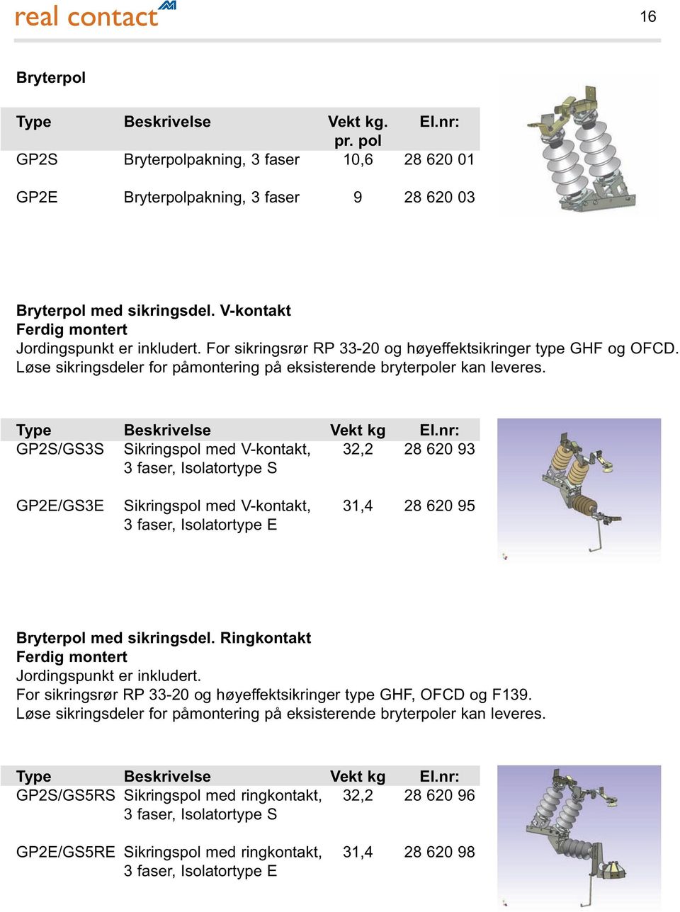 GP2S/GS3S Sikringspol med V-kontakt, 32,2 28 620 93 3 faser, Isolatortype S GP2E/GS3E Sikringspol med V-kontakt, 31,4 28 620 95 3 faser, Isolatortype E Bryterpol med sikringsdel.