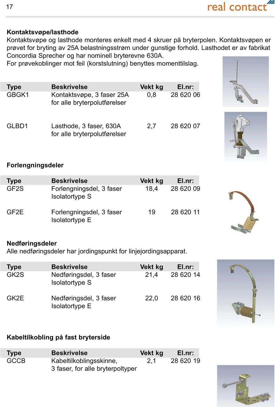 GBGK1 Kontaktsvøpe, 3 faser 25A 0,8 28 620 06 for alle bryterpolutførelser GLBD1 Lasthode, 3 faser, 630A 2,7 28 620 07 for alle bryterpolutførelser Forlengningsdeler GF2S Forlengningsdel, 3 faser