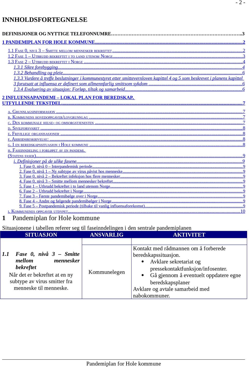 .. 6 1.3.4 Evaluering av situasjon: Forløp, tiltak og samarbeid... 6 2 INFLUENSAPANDEMI LOKAL PLAN FOR BEREDSKAP, UTFYLLENDE TEKSTDEL.... 7 A. GRUNNLAGSINFORMASJON... 7 B.