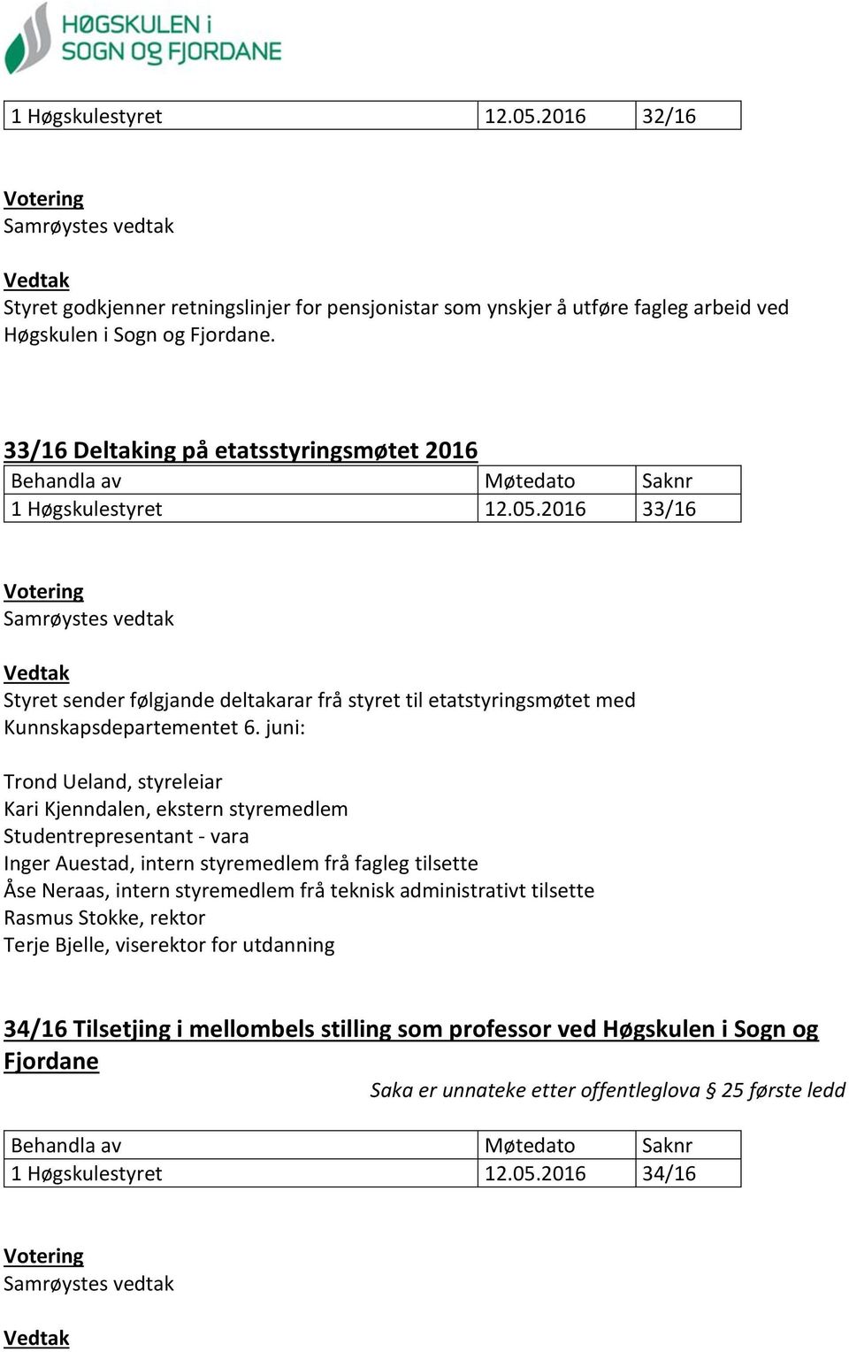 juni: Trond Ueland, styreleiar Kari Kjenndalen, ekstern styremedlem Studentrepresentant - vara Inger Auestad, intern styremedlem frå fagleg tilsette Åse Neraas, intern styremedlem frå teknisk