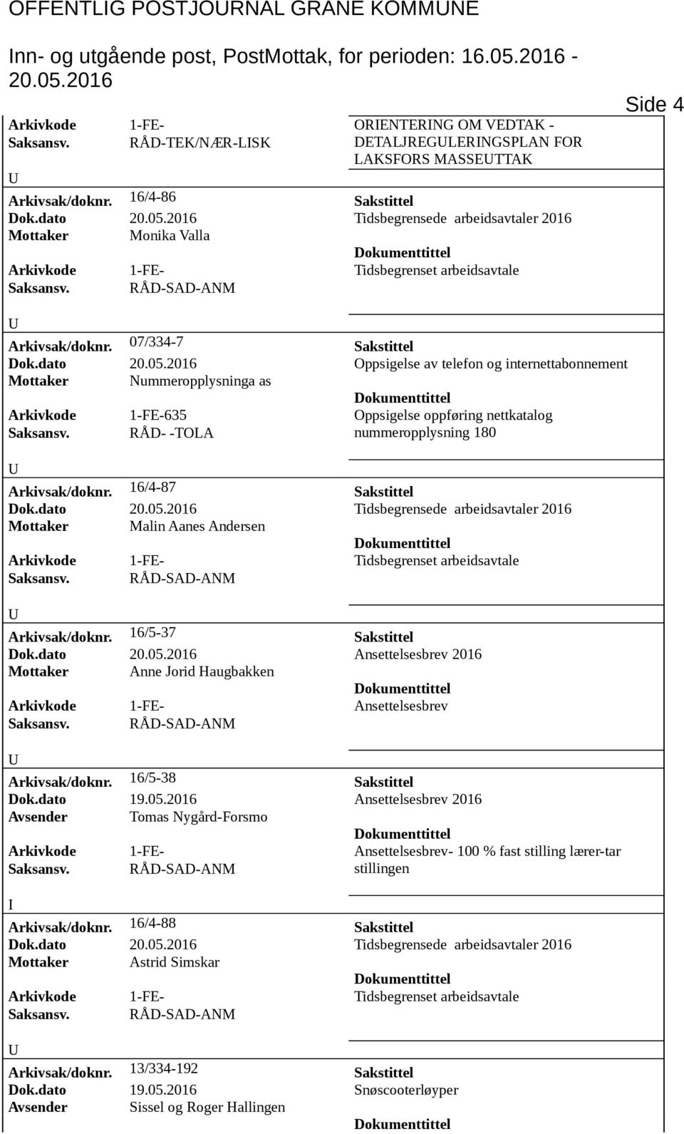 dato Tidsbegrensede arbeidsavtaler 2016 Mottaker Monika Valla Arkivkode 1-FE- Tidsbegrenset arbeidsavtale Side 4 Arkivsak/doknr. 07/334-7 Sakstittel Dok.