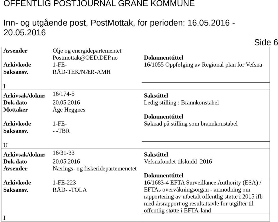 dato Ledig stilling : Brannkonstabel Mottaker Åge Heggnes Arkivkode 1-FE- Søknad på stilling som brannkonstabel Saksansv. - -TBR Arkivsak/doknr. 16/31-33 Sakstittel Dok.