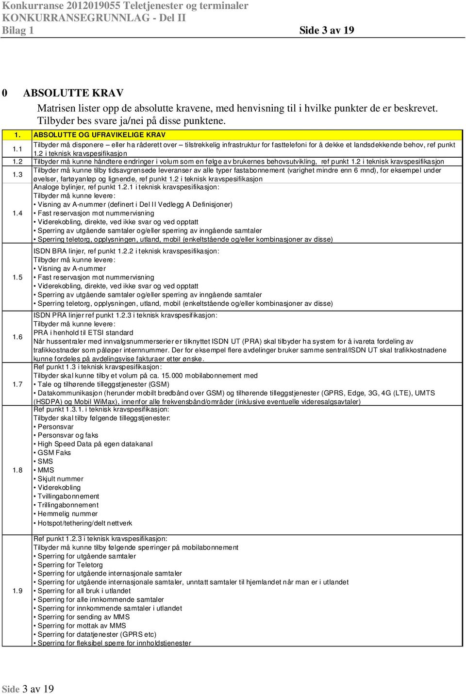 ABSOLUTTE OG UFRAVIKELIGE KRAV Tilbyder må dispnere eller ha råderett ver tilstrekkelig infrastruktur fr fasttelefni fr å dekke et landsdekkende behv, ref punkt 1.1 1.2 i teknisk kravspesifikasjn 1.