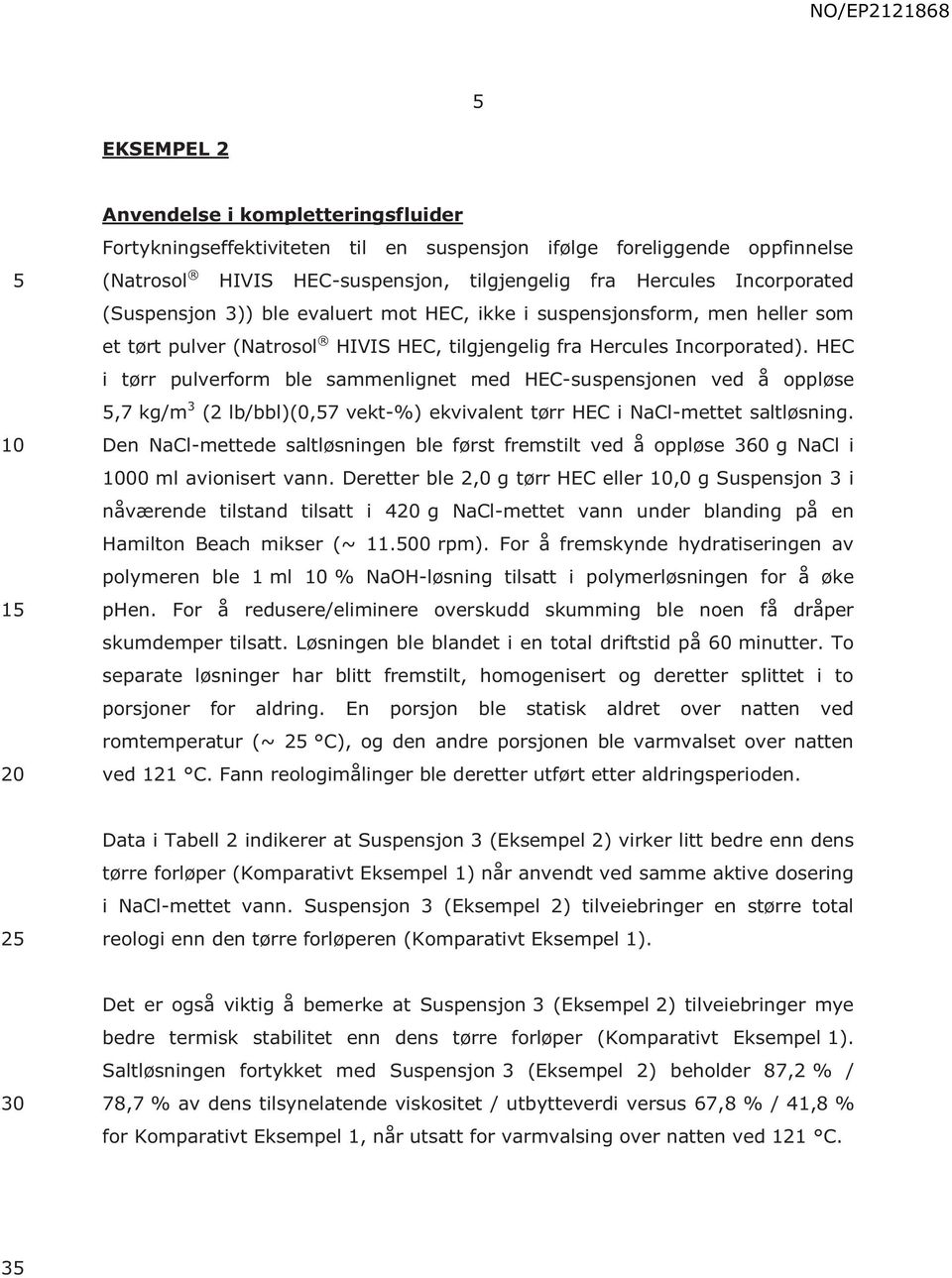 HEC i tørr pulverform ble sammenlignet med HEC-suspensjonen ved å oppløse,7 kg/m 3 (2 lb/bbl)(0,7 vekt-%) ekvivalent tørr HEC i NaCl-mettet saltløsning.