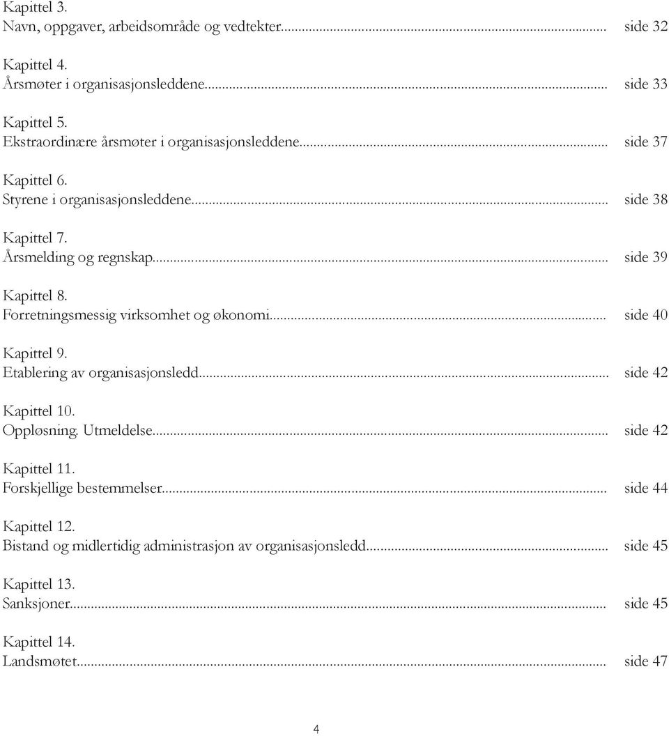 .. side 39 Kapittel 8. Forretningsmessig virksomhet og økonomi... side 40 Kapittel 9. Etablering av organisasjonsledd... side 42 Kapittel 10. Oppløsning. Utmeldelse.