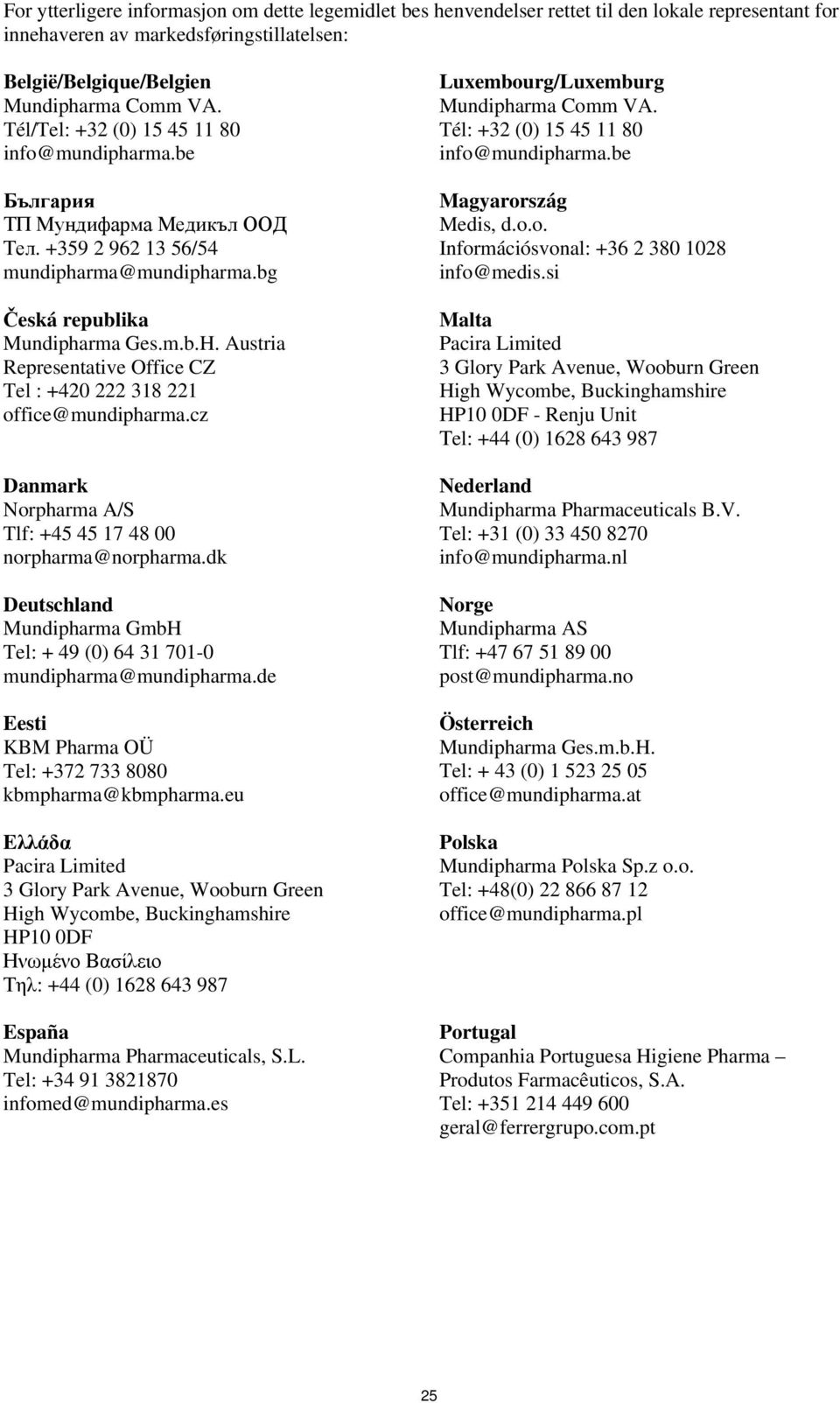 Austria Representative Office CZ Tel : +420 222 318 221 office@mundipharma.cz Danmark Norpharma A/S Tlf: +45 45 17 48 00 norpharma@norpharma.