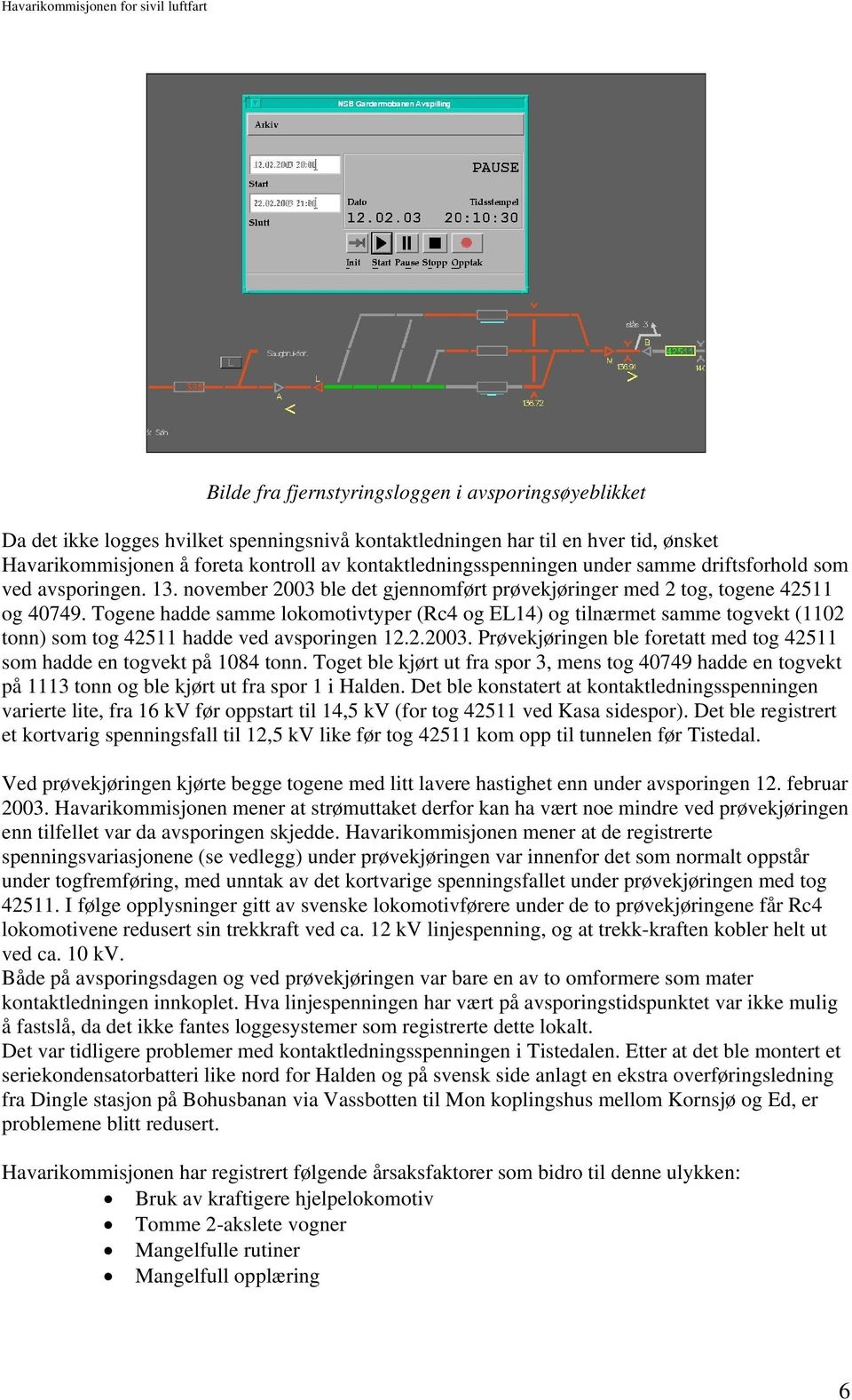 Togene hadde samme lokomotivtyper (Rc4 og EL14) og tilnærmet samme togvekt (1102 tonn) som tog 42511 hadde ved avsporingen 12.2.2003.