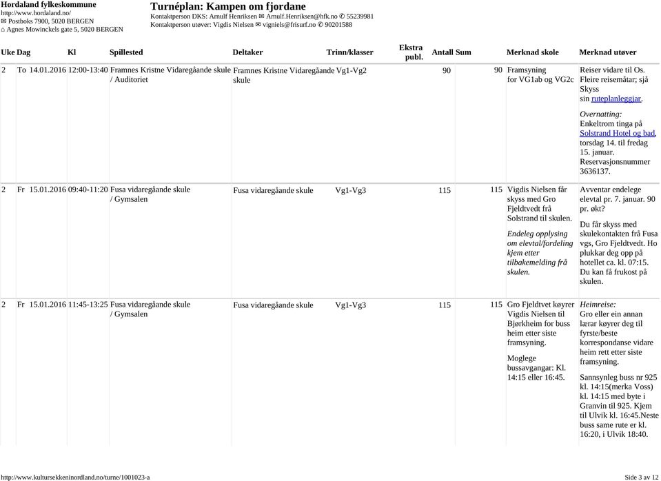 2016 09:40 11:20 Fusa vidaregåande skule / Gymsalen Fusa vidaregåande skule Vg1-Vg3 115 115 Vigdis Nielsen får skyss med Gro Fjeldtvedt frå Solstrand til skulen.