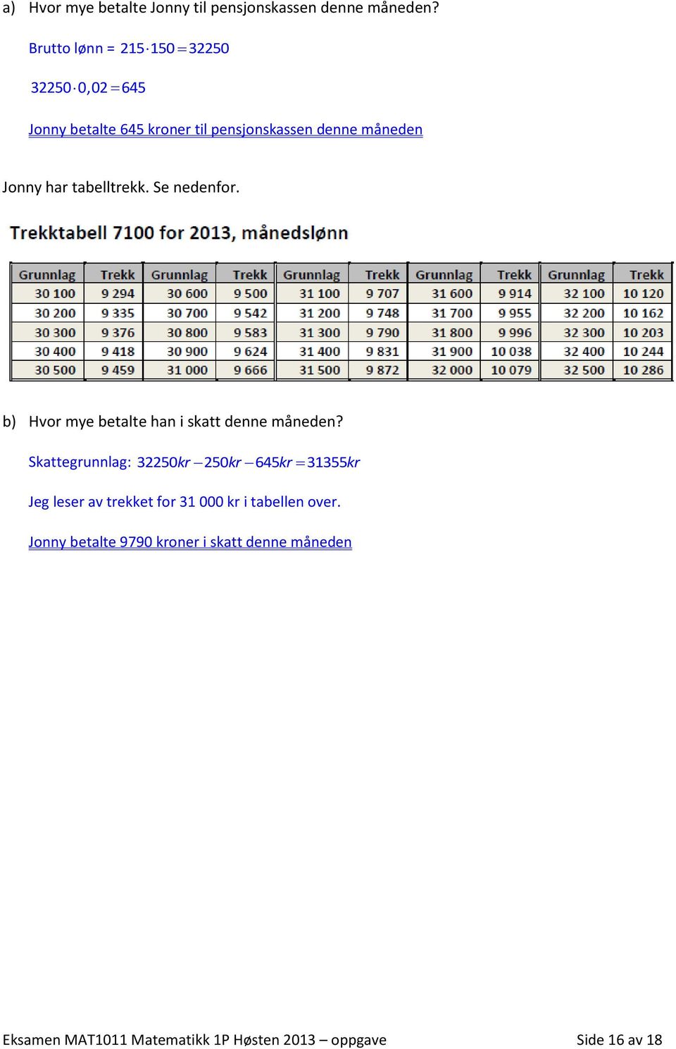 tabelltrekk. Se nedenfor. b) Hvor mye betalte han i skatt denne måneden?