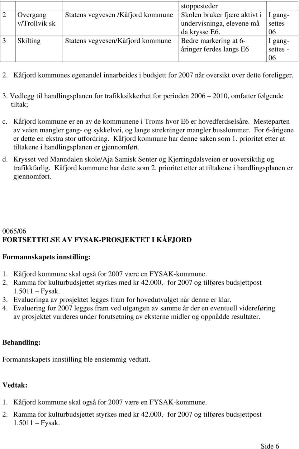 Vedlegg til handlingsplanen for trafikksikkerhet for perioden 20 2010, omfatter følgende tiltak; c. Kåfjord kommune er en av de kommunene i Troms hvor E6 er hovedferdselsåre.