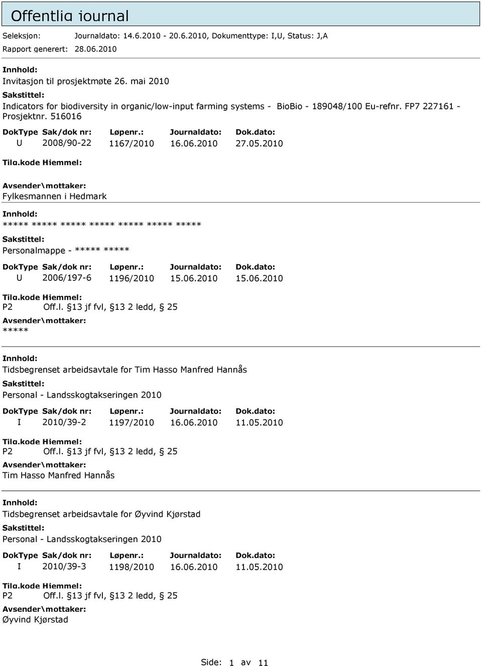 2010 Fylkesmannen i Hedmark nnhold: ***** ***** ***** ***** ***** ***** ***** Personalmappe - ***** ***** 2006/197-6 1196/2010 ***** nnhold: Tidsbegrenset arbeidsavtale for Tim Hasso