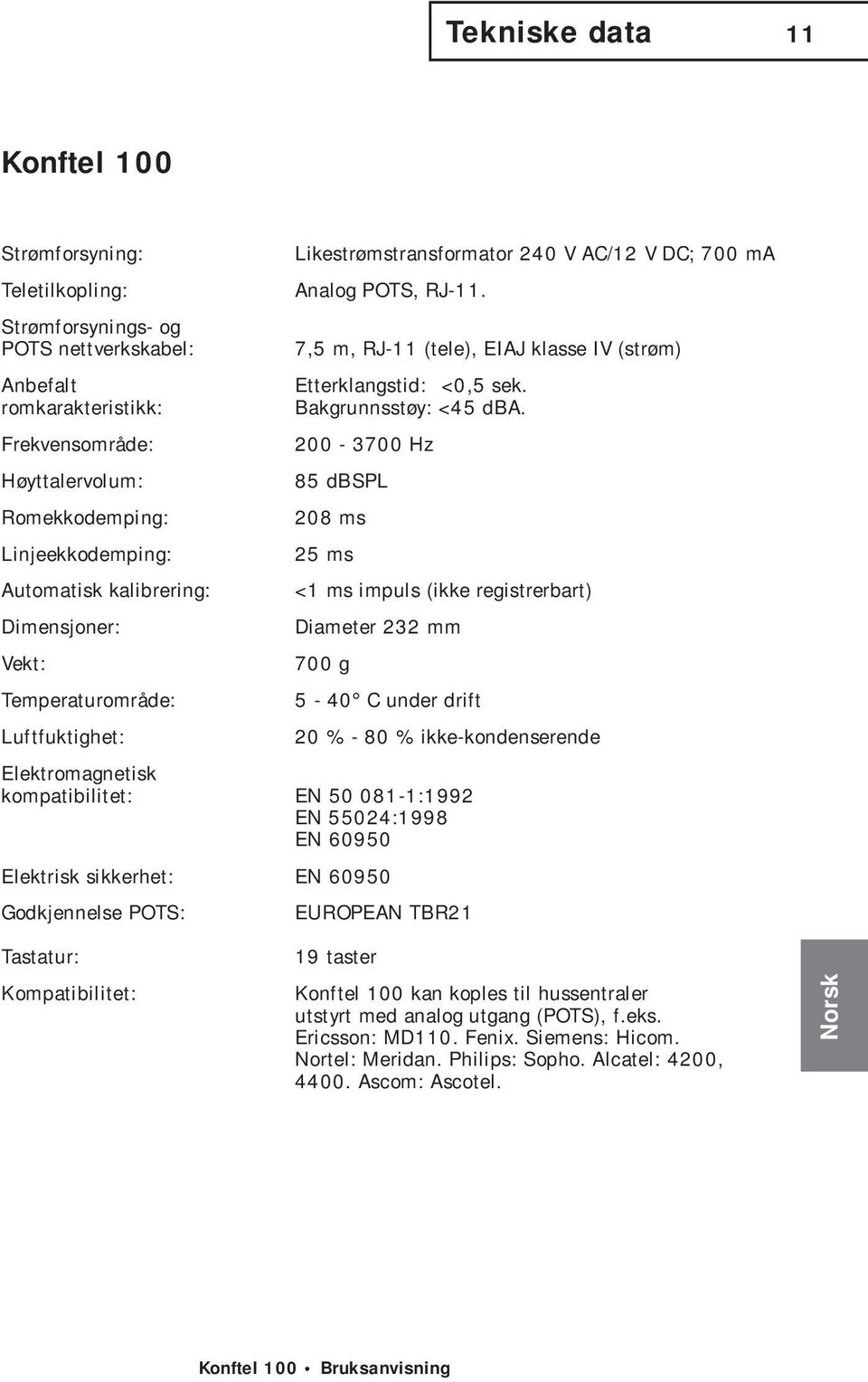 Frekvensområde: 200-3700 Hz Høyttalervolum: 85 dbspl Romekkodemping: 208 ms Linjeekkodemping: 25 ms Automatisk kalibrering: <1 ms impuls (ikke registrerbart) Dimensjoner: Diameter 232 mm Vekt: 700 g