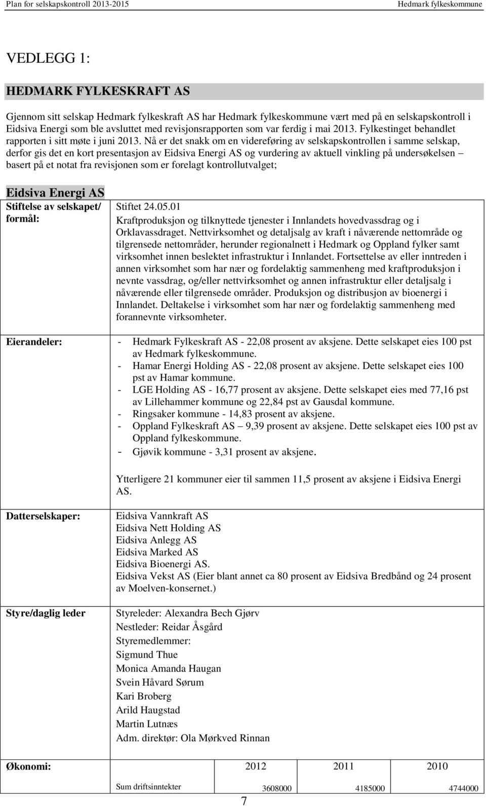 Nå er det snakk om en videreføring av selskapskontrollen i samme selskap, derfor gis det en kort presentasjon av Eidsiva Energi AS og vurdering av aktuell vinkling på undersøkelsen basert på et notat