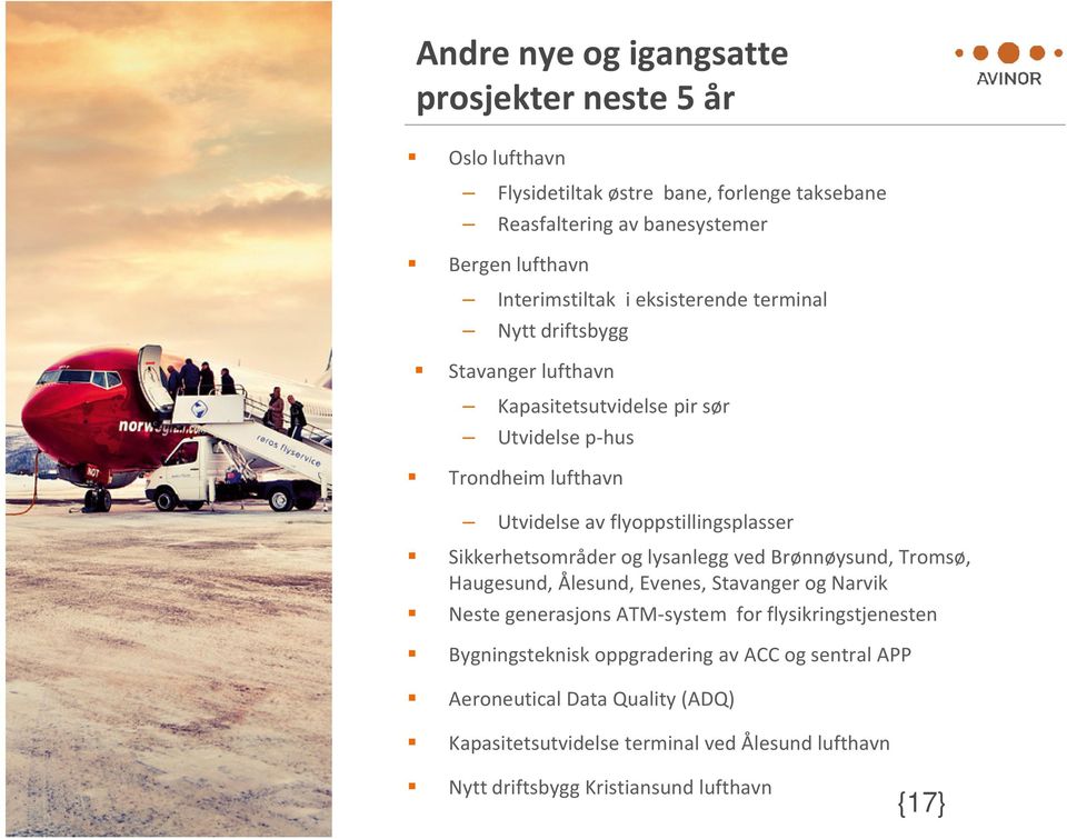 flyoppstillingsplasser Sikkerhetsområder og lysanlegg ved Brønnøysund, Tromsø, Haugesund, Ålesund, Evenes, Stavanger og Narvik Neste generasjons ATM-system for