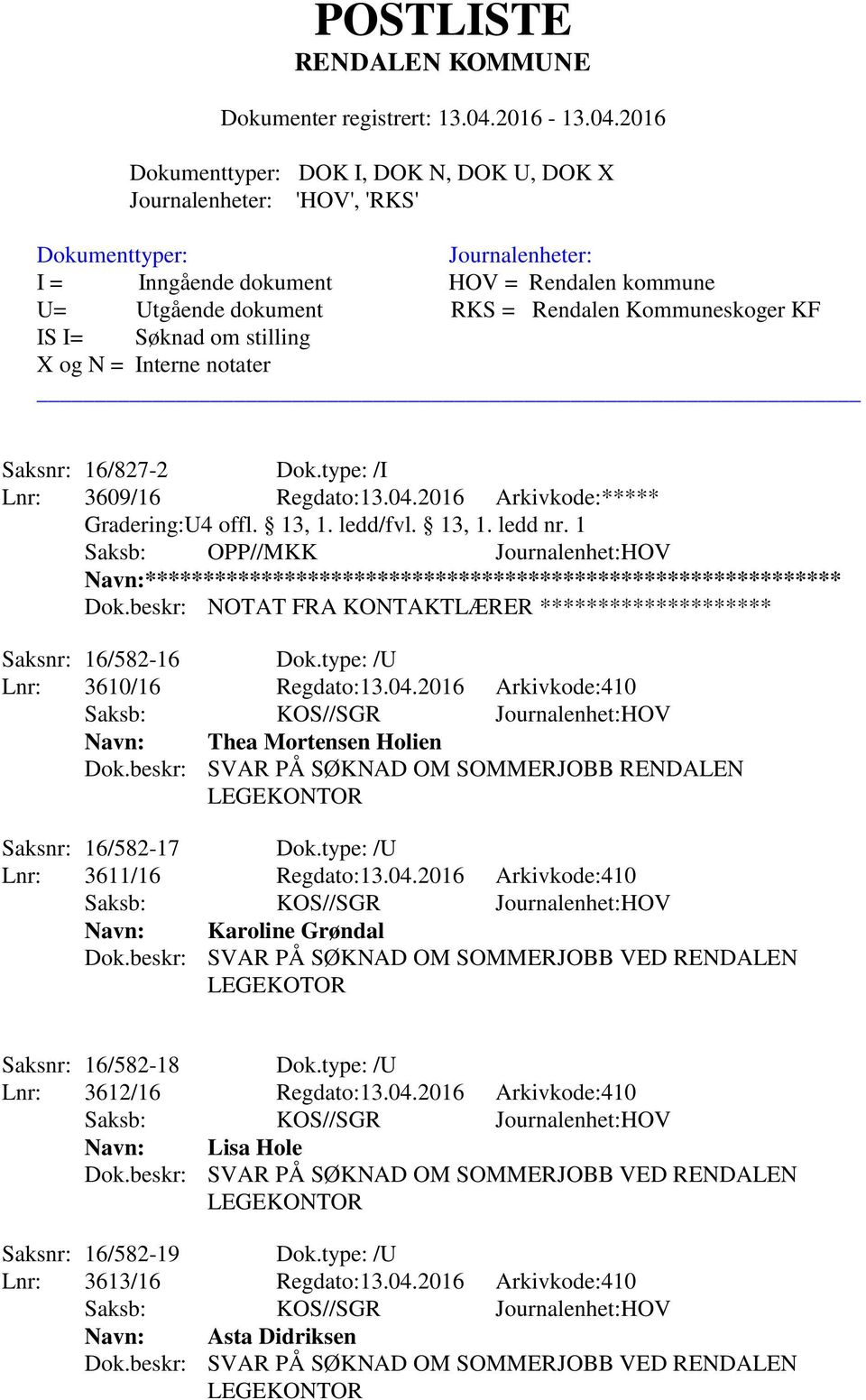 beskr: SVAR PÅ SØKNAD OM SOMMERJOBB RENDALEN Saksnr: 16/582-17 Dok.type: /U Lnr: 3611/16 Regdato:13.04.