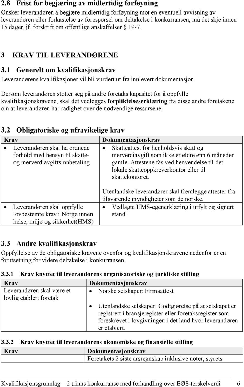 1 Generelt om kvalifikasjonskrav Leverandørens kvalifikasjoner vil bli vurdert ut fra innlevert dokumentasjon.