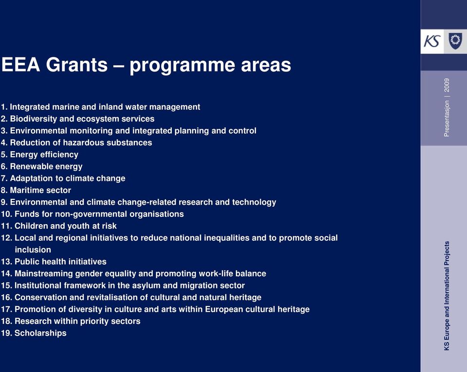 Environmental and climate change-related research and technology 10. Funds for non-governmental organisations 11. Children and youth at risk 12.