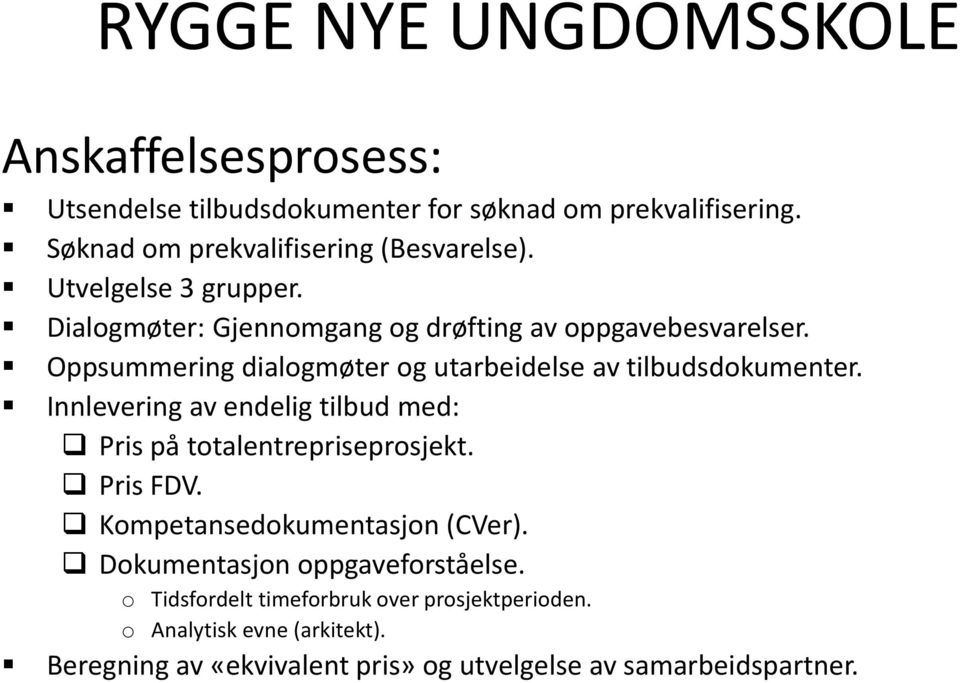 Innlevering av endelig tilbud med: Pris på totalentrepriseprosjekt. Pris FDV. Kompetansedokumentasjon (CVer). Dokumentasjon oppgaveforståelse.