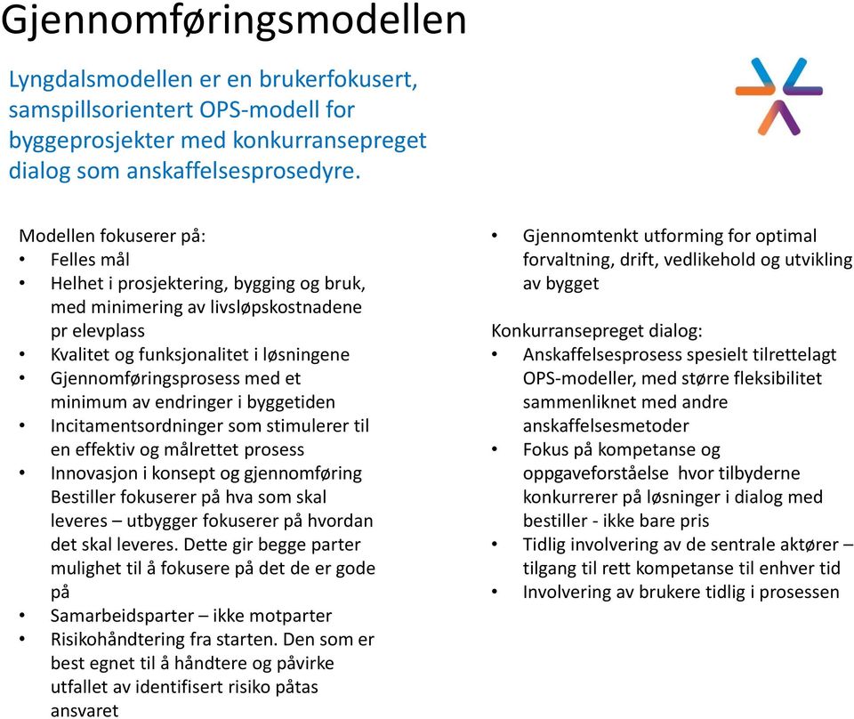 minimum av endringer i byggetiden Incitamentsordninger som stimulerer til en effektiv og målrettet prosess Innovasjon i konsept og gjennomføring Bestiller fokuserer på hva som skal leveres utbygger