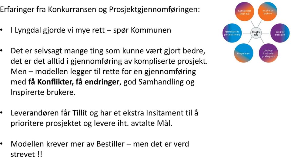 Men modellen legger til rette for en gjennomføring med få Konflikter, få endringer, god Samhandling og Inspirerte brukere.