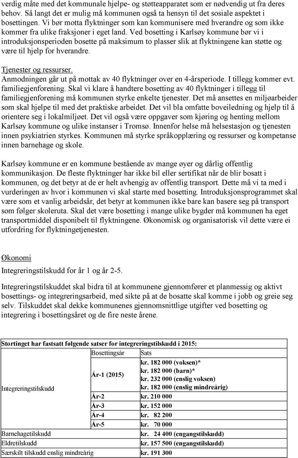 Ved bosetting i Karlsøy kommune bør vi i introduksjonsperioden bosette på maksimum to plasser slik at flyktningene kan støtte og være til hjelp for hverandre. Tjenester og ressurser.