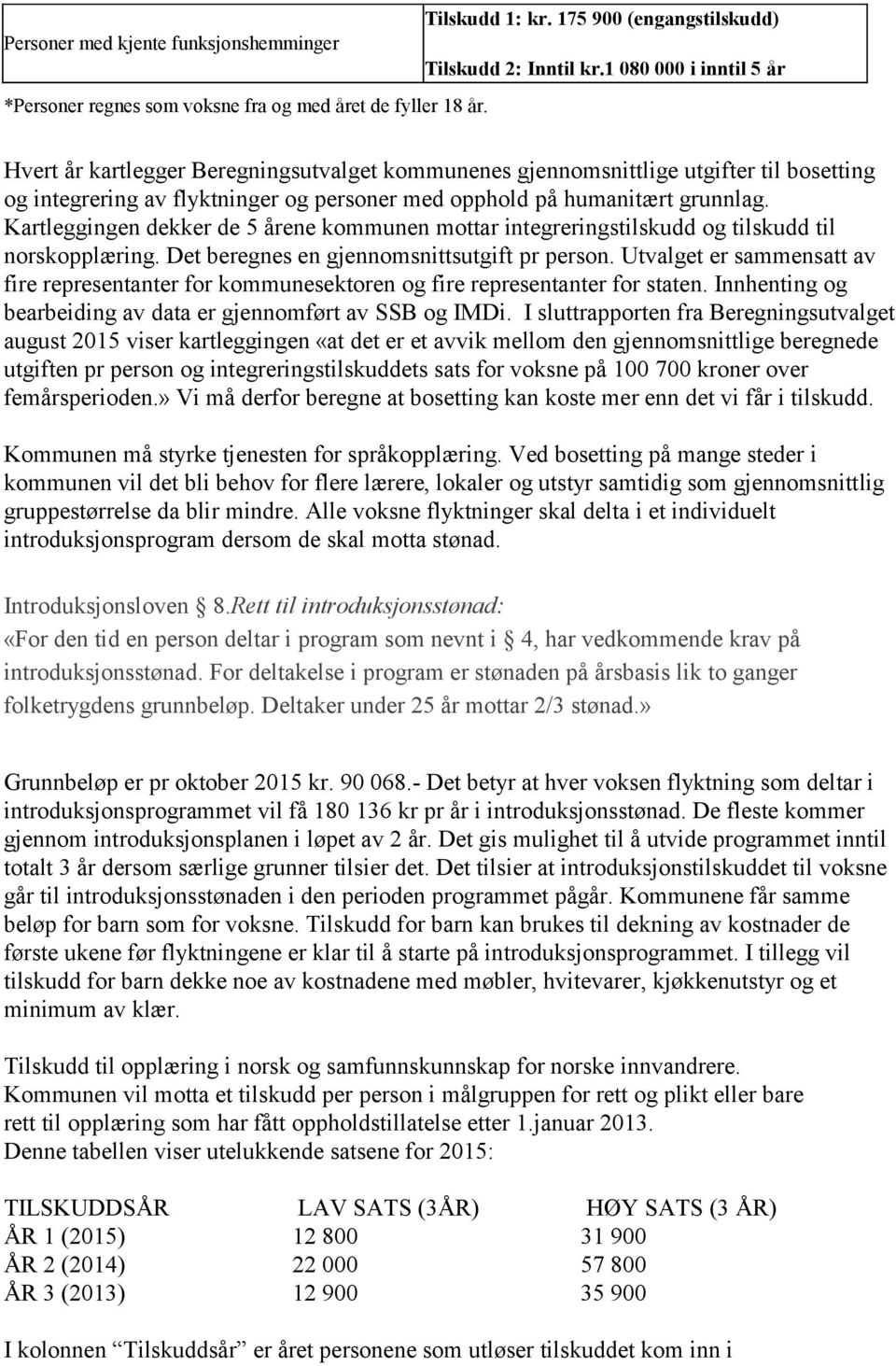 Kartleggingen dekker de 5 årene kommunen mottar integreringstilskudd og tilskudd til norskopplæring. Det beregnes en gjennomsnittsutgift pr person.