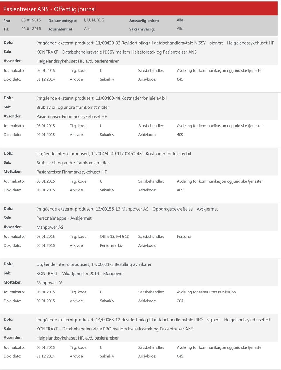 2014 Arkivdel: Sakarkiv Arkivkode: 045 Inngående eksternt produsert, 11/00460-48 Kostnader for leie av bil Bruk av bil og andre framkomstmidler Dok. dato: 02.01.2015 Arkivdel: Sakarkiv tgående