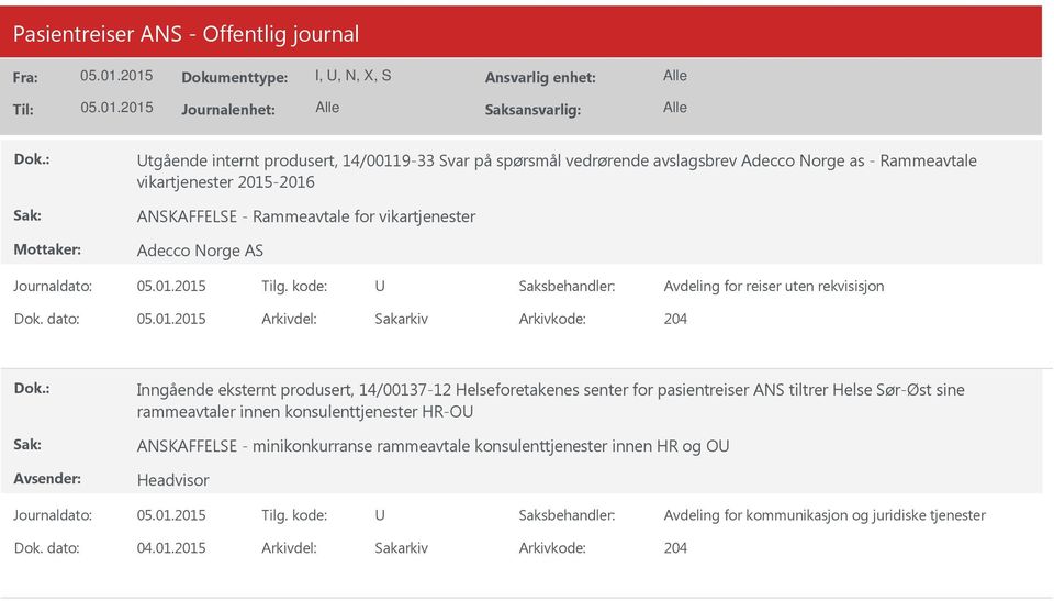 senter for pasientreiser ANS tiltrer Helse Sør-Øst sine rammeavtaler innen konsulenttjenester HR-O ANSKAFFELSE