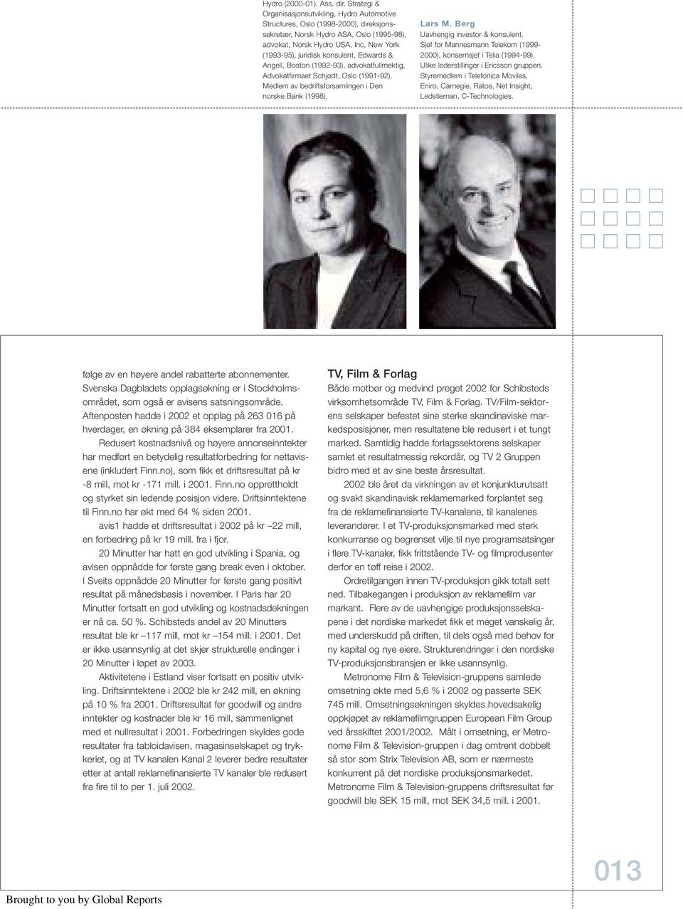 konsulent, Edwards & Angell, Boston (1992-93), advokatfullmektig, Advokatfirmaet Schjødt, Oslo (1991-92). Medlem av bedriftsforsamlingen i Den norske Bank (1998). Lars M.